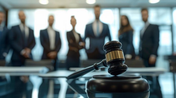 Gavel and Businesspeople in Meeting Room, Generative AI